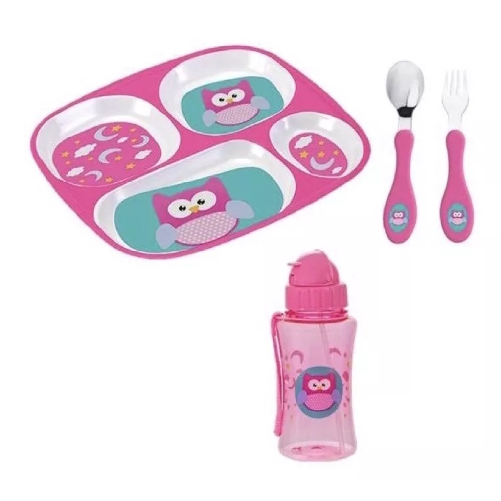 Prato Infantil Bebe Crianca Com 4 Divisórias - Kit Pratinho Talher E Garrafinha De Plástico