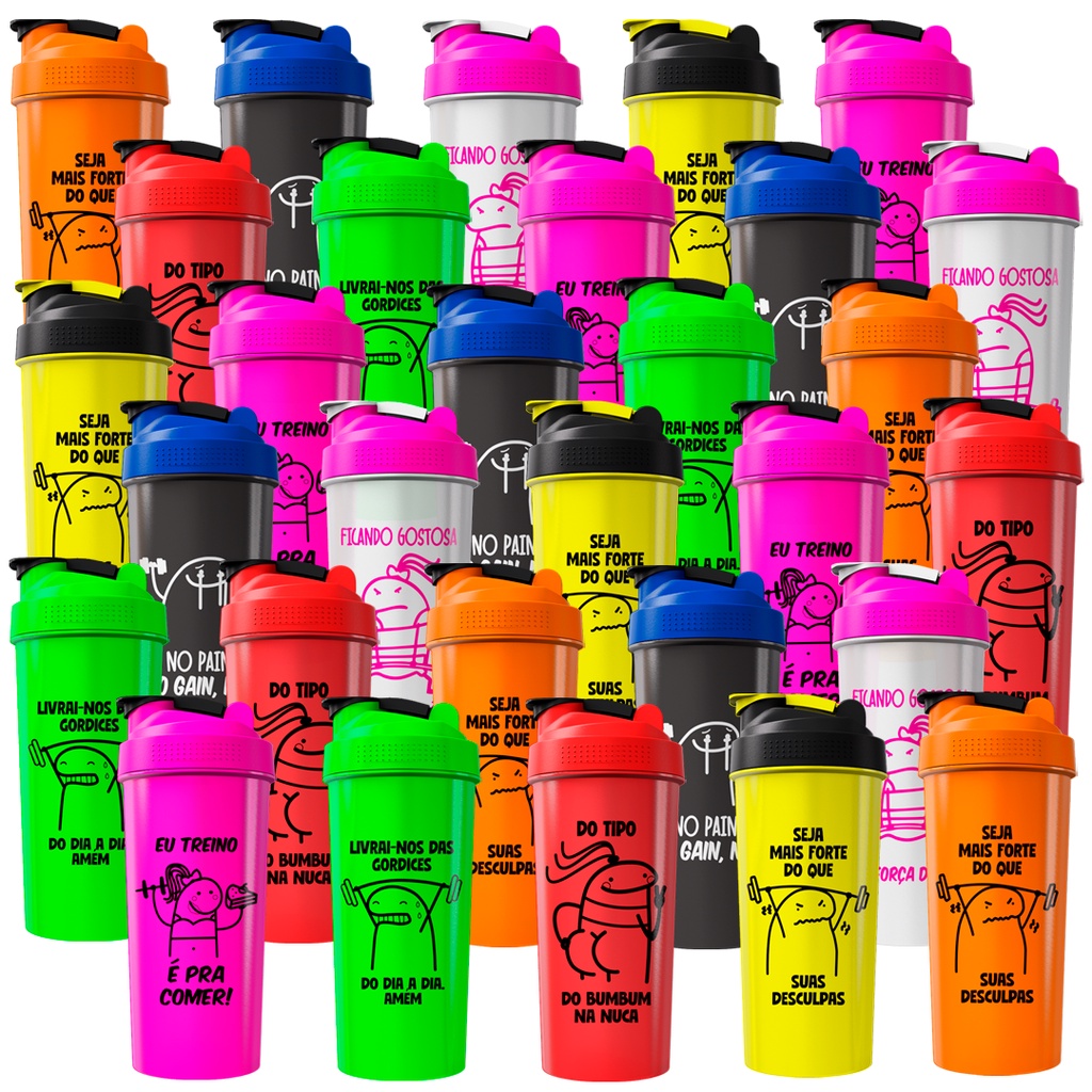 Kit 30 Coqueteleiras Memes Divertidos - Garrafa Shaker 600ml Academia