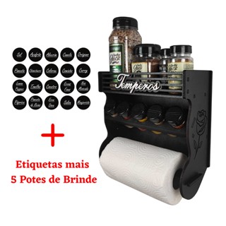 Porta Tempero e Condimentos Parede 5 Potes com Local para Potes de Tamanhos Variados mais 20 Etiquetas
