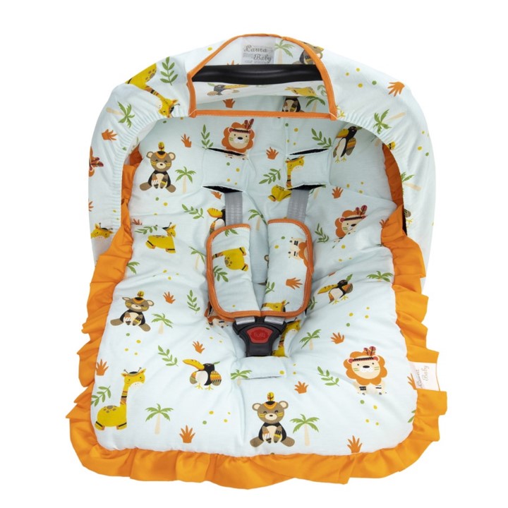 Kit completo para Bebê Conforto, Safari, Laranja, Animais, Menino, Capota + Capa + Protetor de Cinto