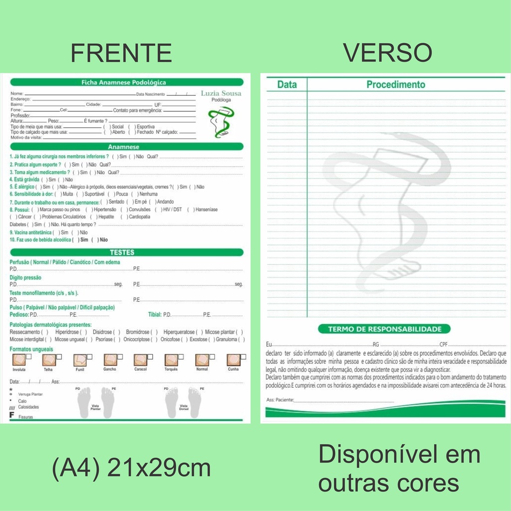Detalhes do Bloco Ficha Anamnese Podologia A4 Colorido Papel 90g 120g