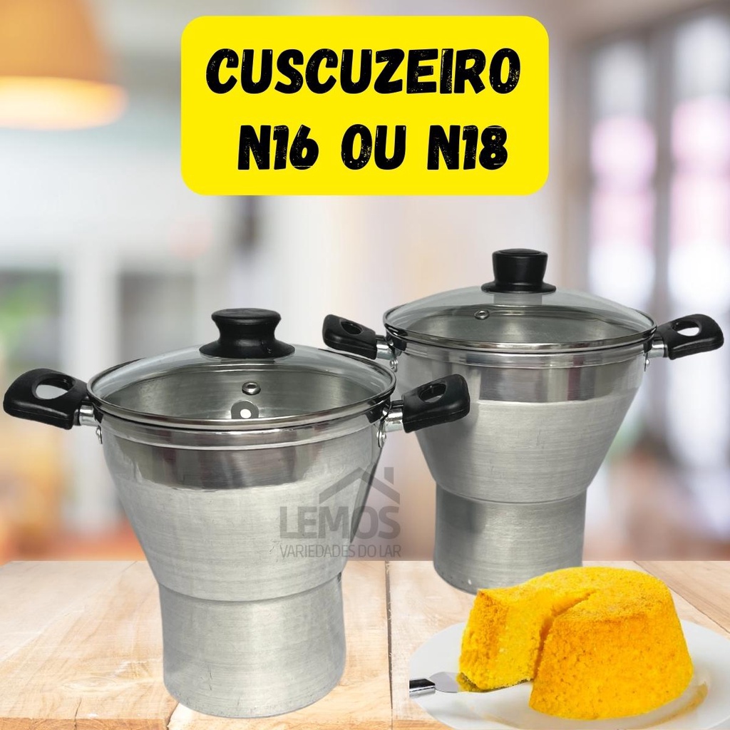 Panela Cuscuzeira Com Tampa de Vidro N16 ou N18 Em Alumínio Polido Faz Cuscuz Nordestino Alimentos A Vapor