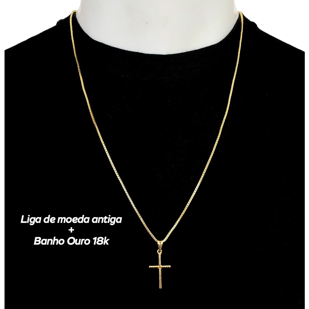 Cordão Veneziana 1,5mm Liga de Moeda Antiga + Banho de Ouro 18k (10 milésimos) + Cruz Palito em Oferta na Shopee