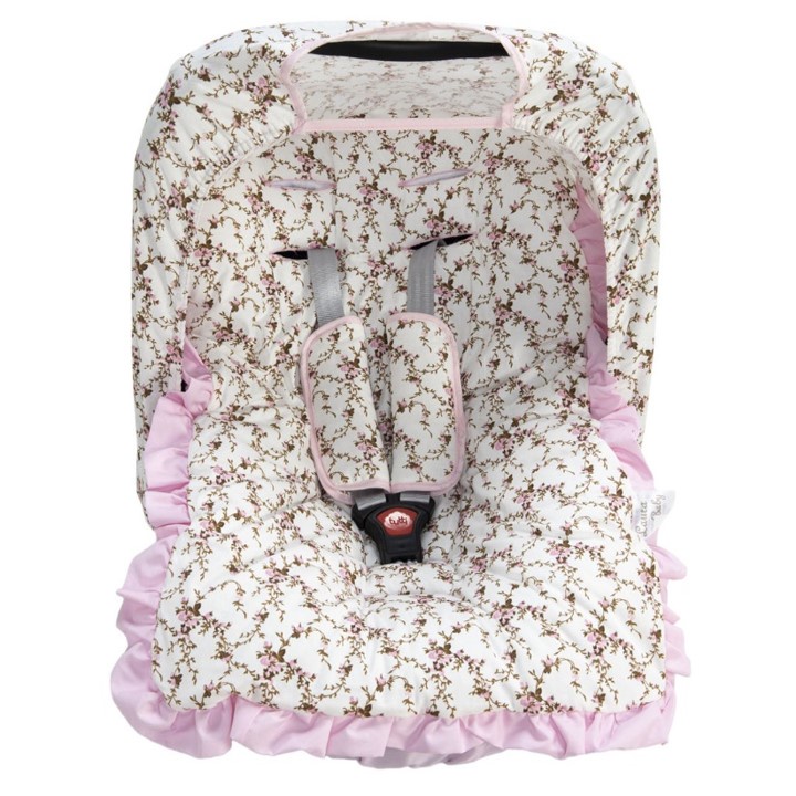 Kit para Bebê Conforto completo, 4 Peças, Rosa, Flora, Capota, Protetor de Cinto e Capa, Menina