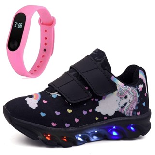 Tênis Infantil Feminino de Led Unicornio Menina Preto Tira Colante com Relógio AtacDivi