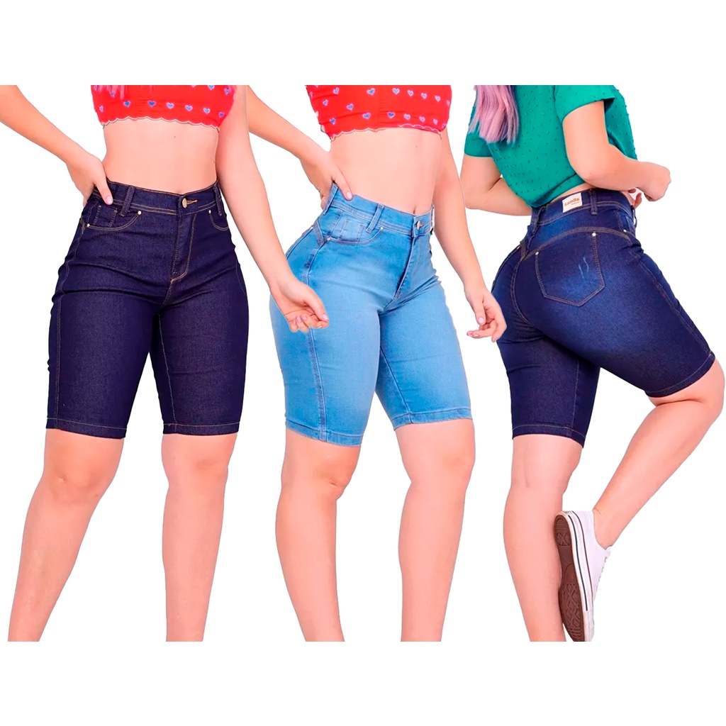 Kit 10 Bermuda Short Jeans Ciclista Feminina Cintura Alta Lycra Comprida até o Joelho tamanhos 38 ao 48
