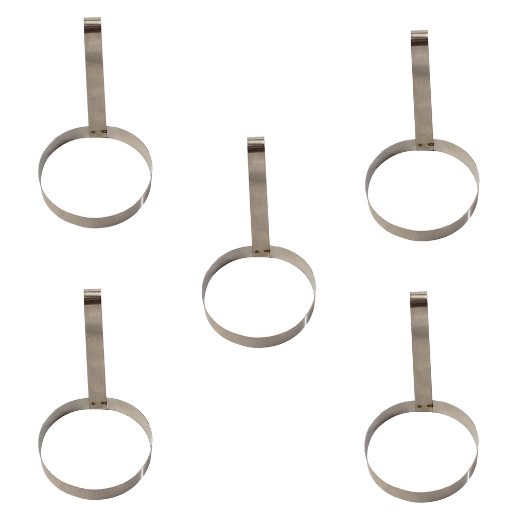 Kit 05 aros modeladores redondos com cabo ponteado com solda por indução, reforçado na aba superior dobrada, fabricado em aço inox,  diâmetro 9,5 cm,  para produção de ovos fritos , hambúrguer e outros alimentos modelados. marca Churrasqueiras   Queiroz..