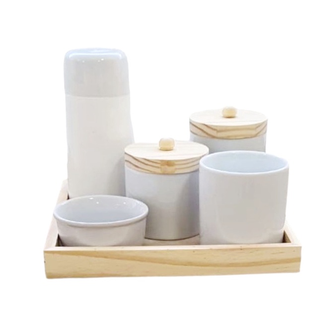 Kit Higiene Bebê Porcelana Potes Molhadeira Garrafa Térmica Porta Escova e Bandeja Madeira Pinus Fundo Mdf.