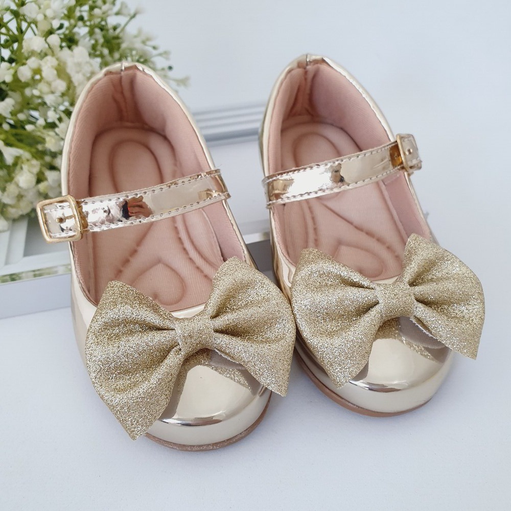 Sapatilha Infantil Feminina Confortável Dourada Laço Glitter Ponta 16 ao 34 em Oferta na Shopee
