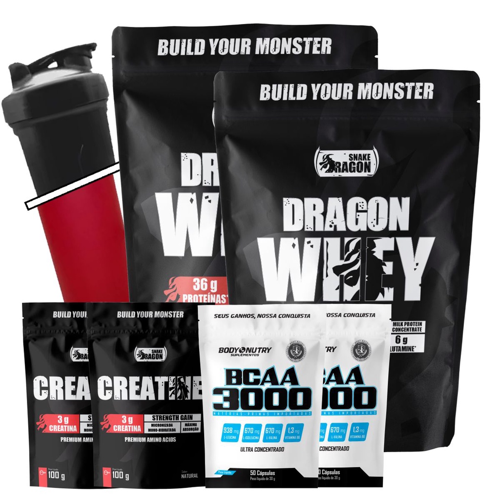Kit 2x Dragon Whey 500g + 2x BCAA 3000 50 caps + 2x Creatina 100g + Coqueteleira