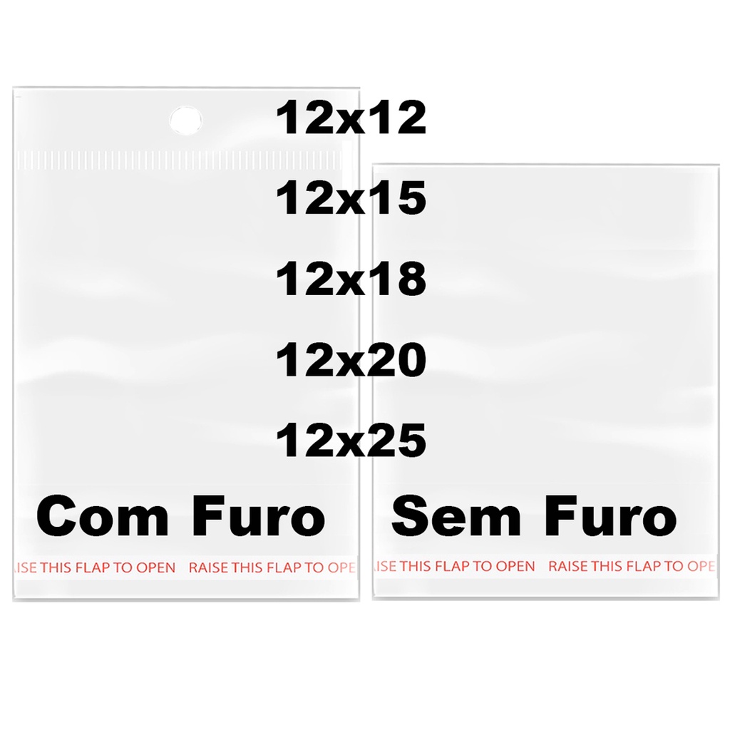 kit 200 12x18 kit 100 Saco Adesivado Saquinho Transparente Plástico com furo sem furo 12x12 12x20 12x25 12x15
