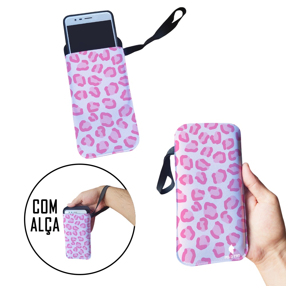 Capinha Celular Case Proteção Neoprene Universal compátivel com todas as marcas Efeito Onça Rosa