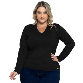 Blusa Básica Plus Size Feminina Decote Em V Manga Longa 0029