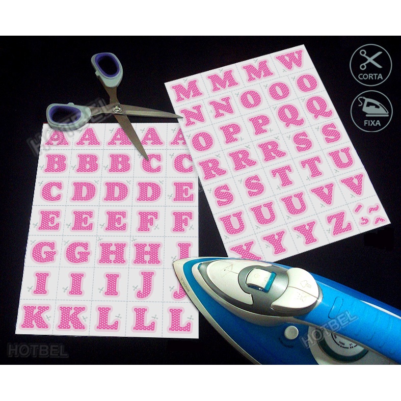 Apliques Letras Rosa 3cm Termocolantes de Tecido P/ Nomes - Alfabeto em 2 Cartelas 20x28cm