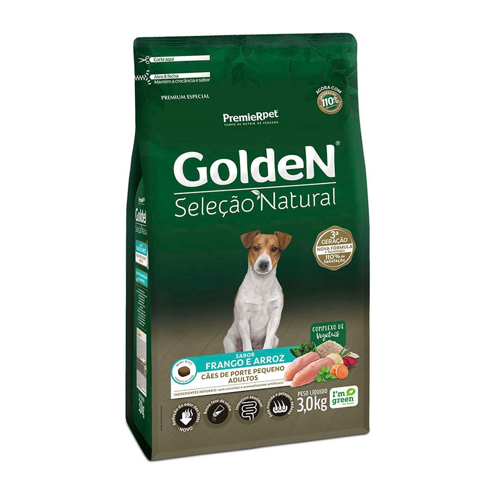 Ração Golden Seleção Natural Cães Adultos Porte Pequeno Frango e Arroz Mini Bits 3 kg - Pets