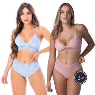 Kit 2 Conjuntos Lingerie Menina Moça Linha Comfort Calcinha Cintura Alta Soutien Sem Bojo Detalhes Renda Moda Íntima Feminina Promoção 309