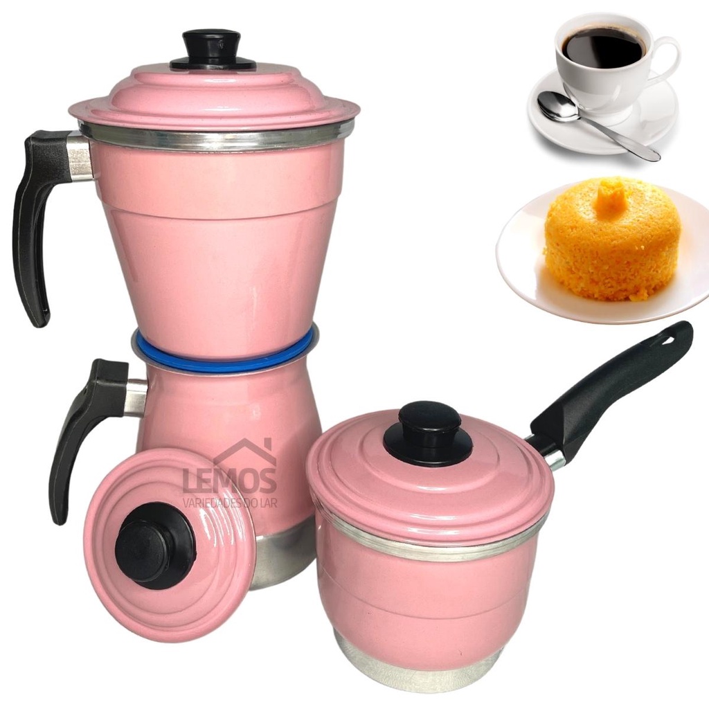 Cafeteira Para Fogão 3 em 1 Tenha Fervedor + Cuscuzeiro Individual Cuscuz Peitinho de Moca + Cafeteira Italiana 1 Litro