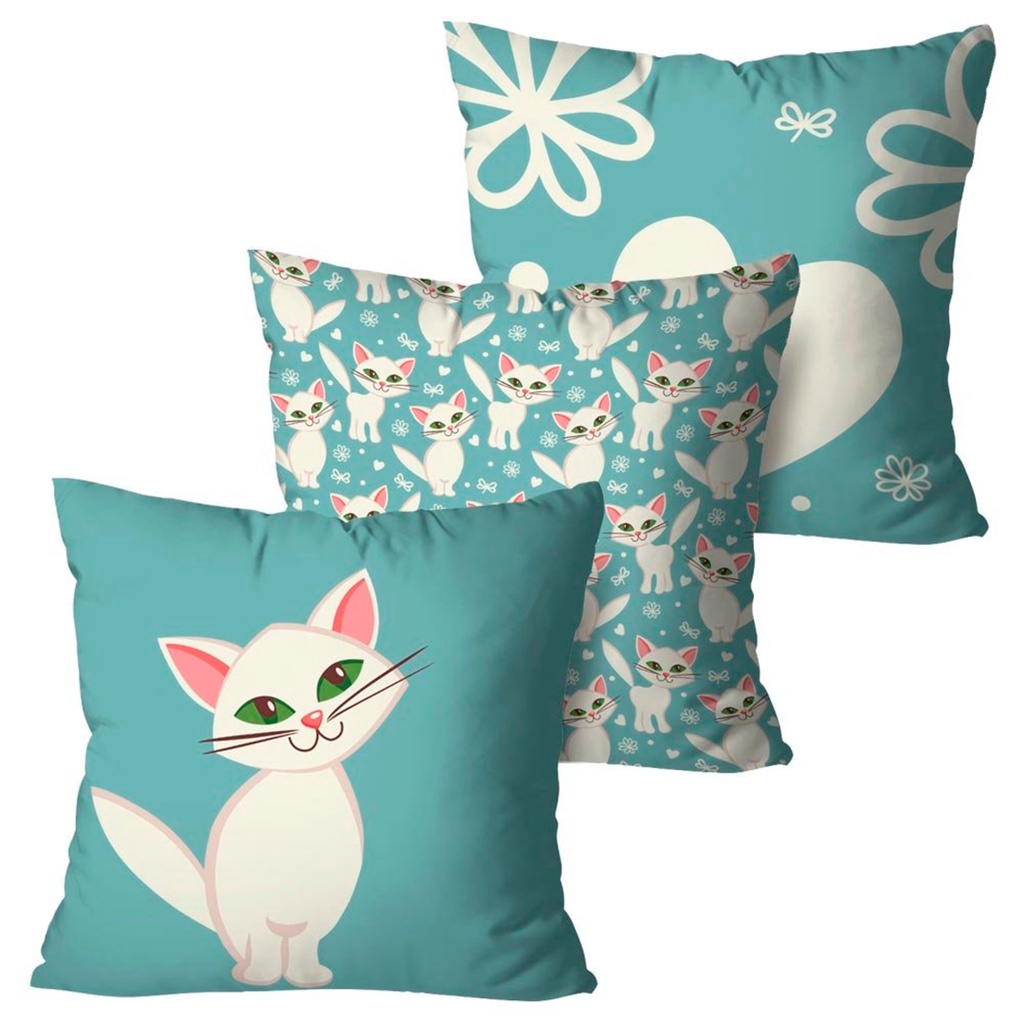 Kit 3 Capas de Almofada Decorativa Pet Gato Branco Dcorô