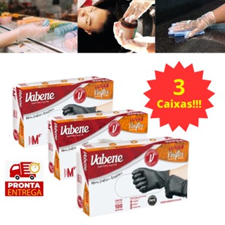 3 caixas Luva Viniflex Vabene Descartavel Sem po Procedimentos Transparente e Preta Tamanho P M G