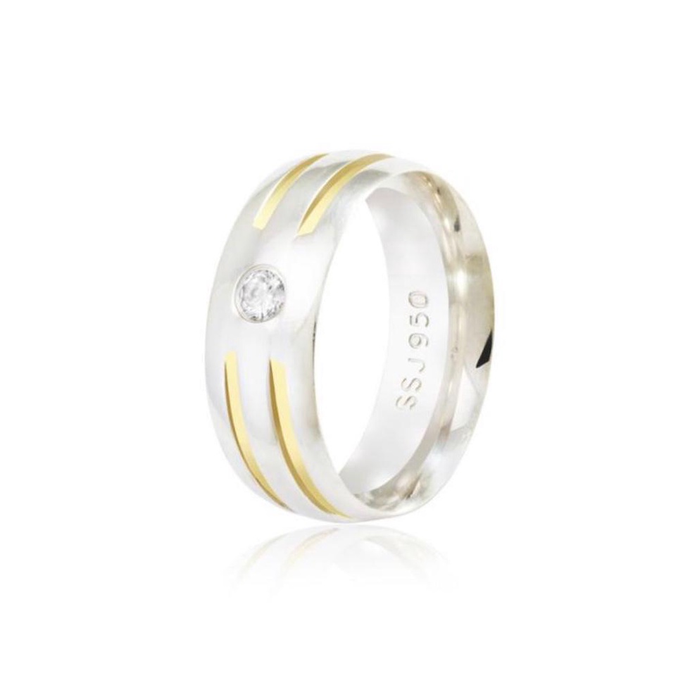 Aliança Prata 950 Anatômica 8mm Com 2 Fios De Ouro 18k e Pedra de Zircônia