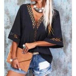 LUKABOUTIKE-BLUSA LISA COM DETALHES EM RENDA DECOTE EM V MANGA 3/4 COR PRETA TAMANHO G.