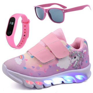 Tênis Infantil Feminino de Led Unicornio Menina Rosa Tira Colante com Óculos e Relógio Trc