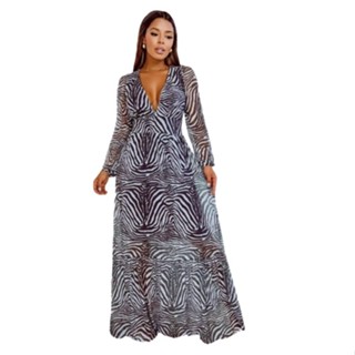 Vestido Longo Feminino Animal Print Tule Onça Decote V Manga Longa