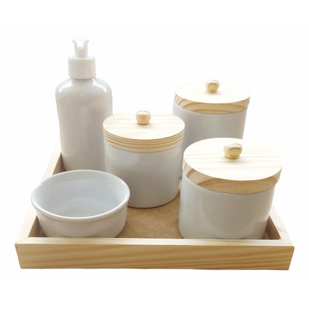 Kit Higiene Bebe Porcelana Branco Gelo Saboneteira com Puxador 6 Peças Potes, Molhadeira