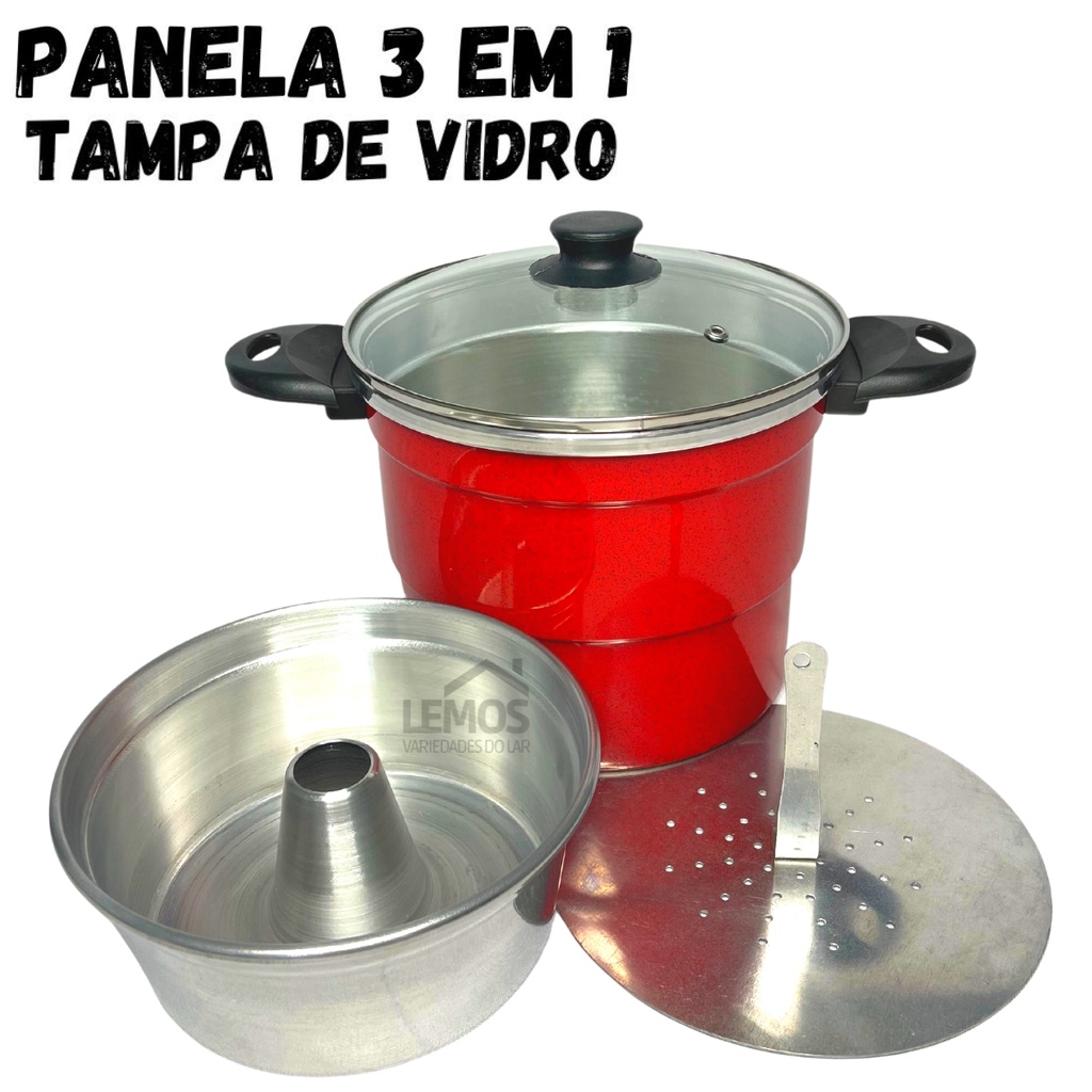 Panela Multiuso 3 em 1 Cuscuzeiro Vermelho Com Tampa de Vidro Faz Cuscuz Pudim Alimentos a Vapor