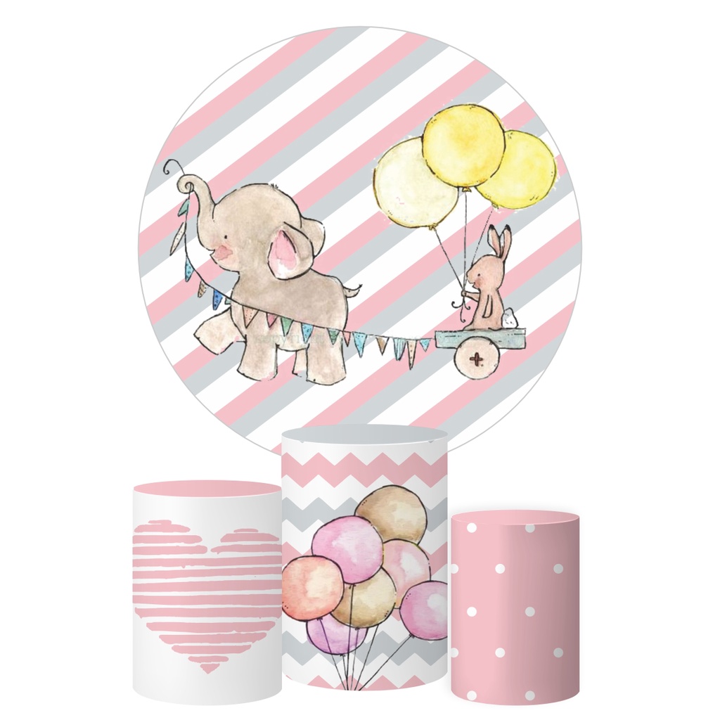 Kit Painel Redondo + Trio Capas Cilindro Elefantinha Rosa Festa Decoração Tecido Veste Fácil Menina