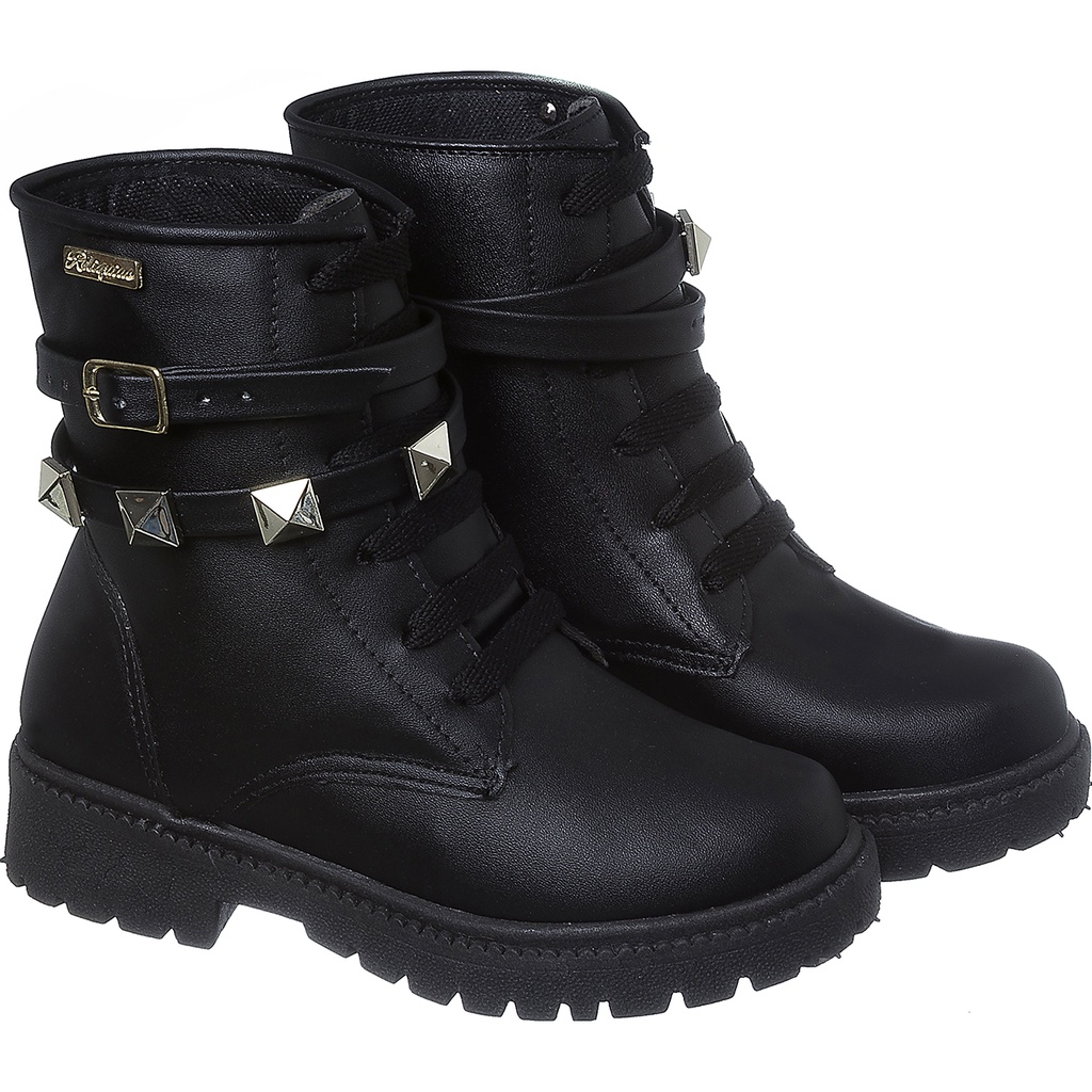 Coturno Bota Infantil Feminino Menina Preto Cinto Piramide Casual