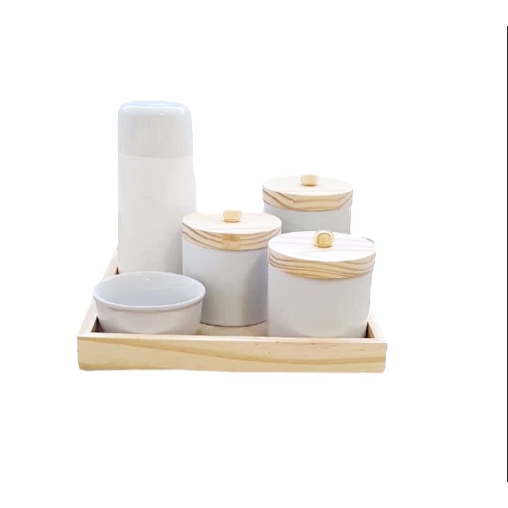 Kit Higiene Bebê Porcelana Menino Menina Potes Molhadeira Garrafa Térmica E Bandeja De Madeira Pinus Fundo Mdf.