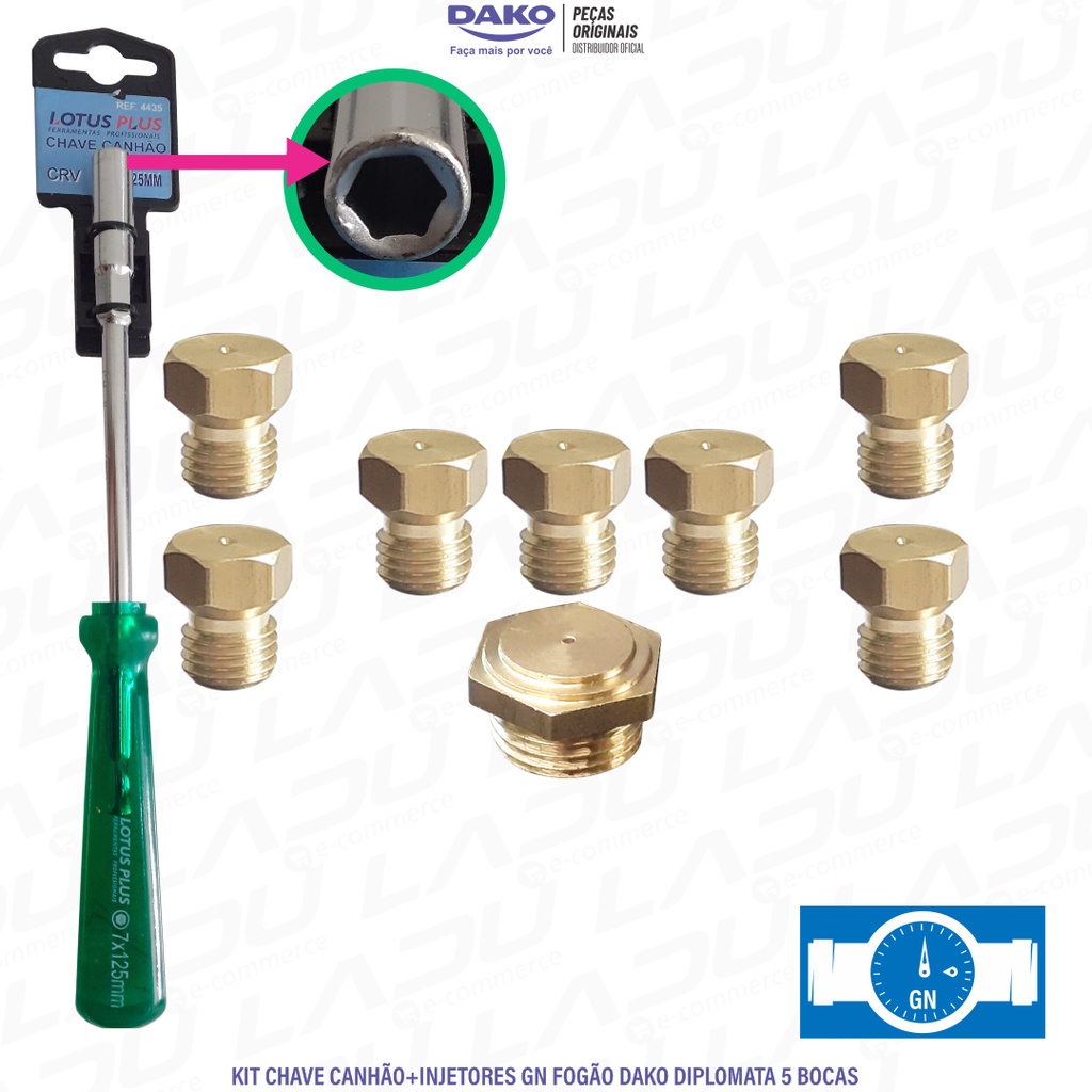 KIT 01 CHAVE CANHÃO + 08 INJETORES GÁS GN PARA FOGÃO DAKO DIPLOMATA 5 BOCAS 100% ORIGINAIS DE FÁBRICA
