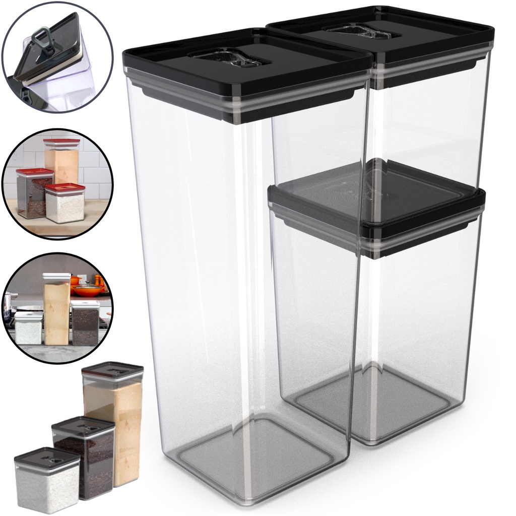 Kit Pote Mantimento Hermético 3 Peças Organizador Cozinha Acrílico Quadrado Vasilha Mantimento