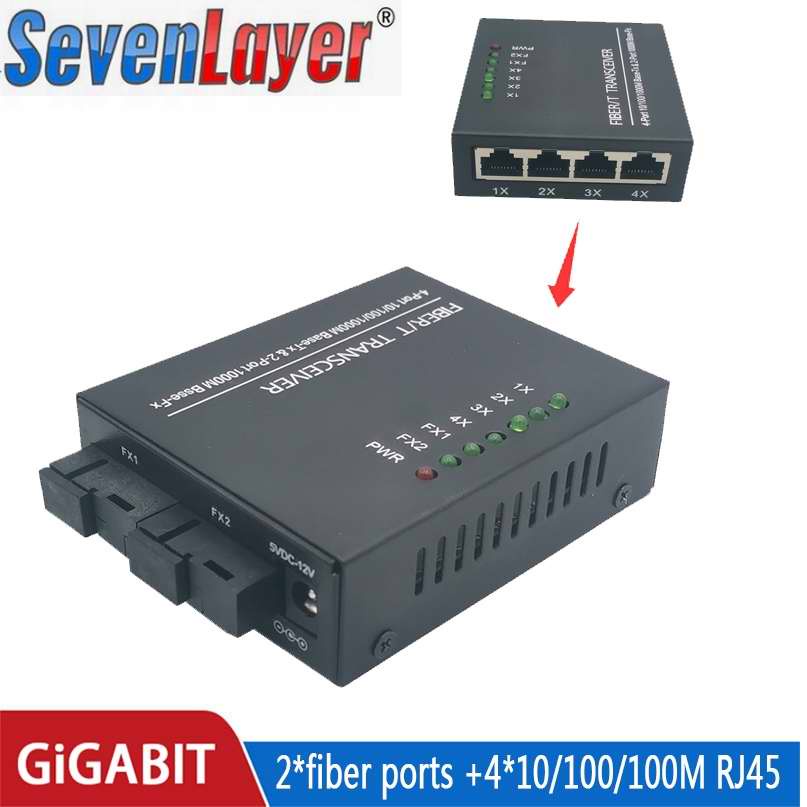 Interruptor De Fibra 4 RJ45 UTP 2 SC Gigabit Óptica Conversor De Mídia Ethernet 10/100/1000 M