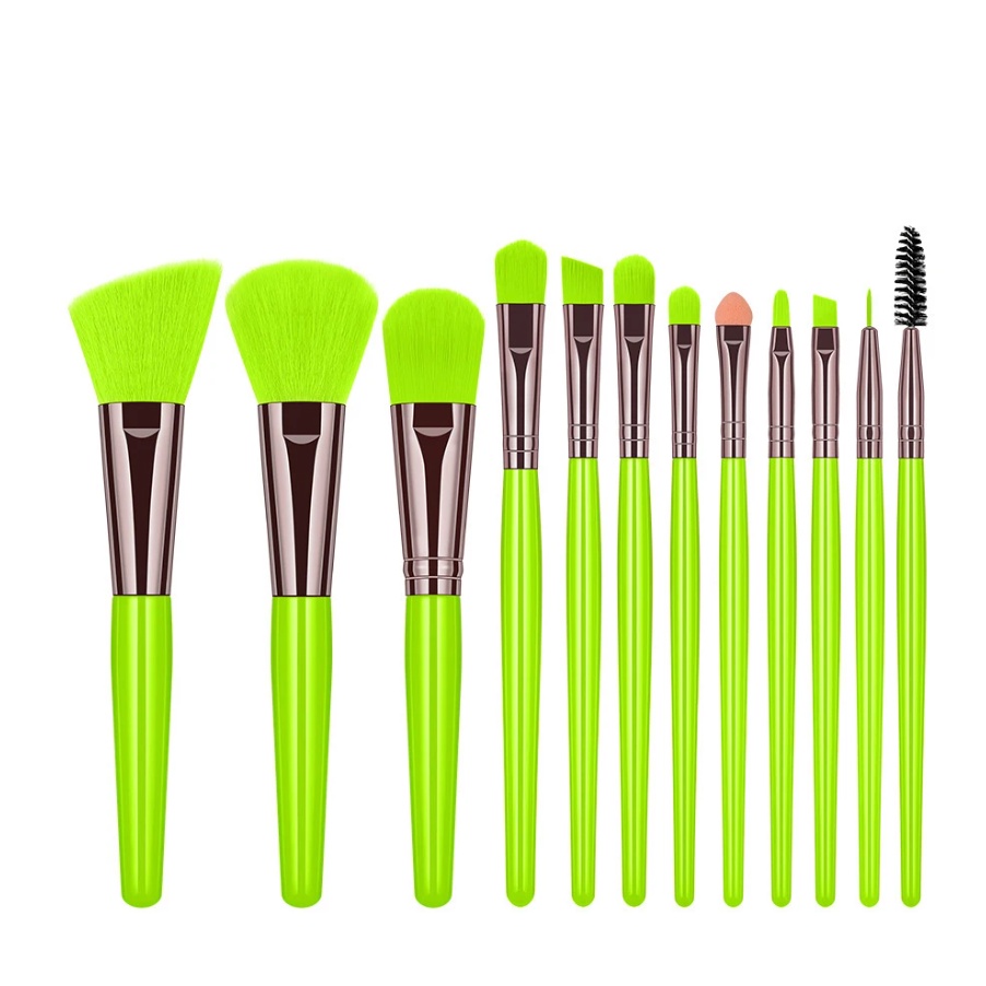 Conjunto de pincéis de maquiagem de 12 peças em verde fluorescente - perfeito para pó, base, sombra e rímel!