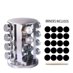 Porta Tempero e Condimento Premium Suporte Giratório Redondo Inox 16 Potes de Vidro + Adesivos + Canetinha