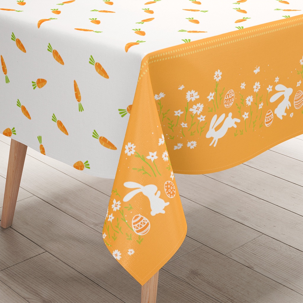 Toalha de Mesa Retangular Decorativa Páscoa Serve 4 e 6 Lugares Coelho e Cenouras Dcorô