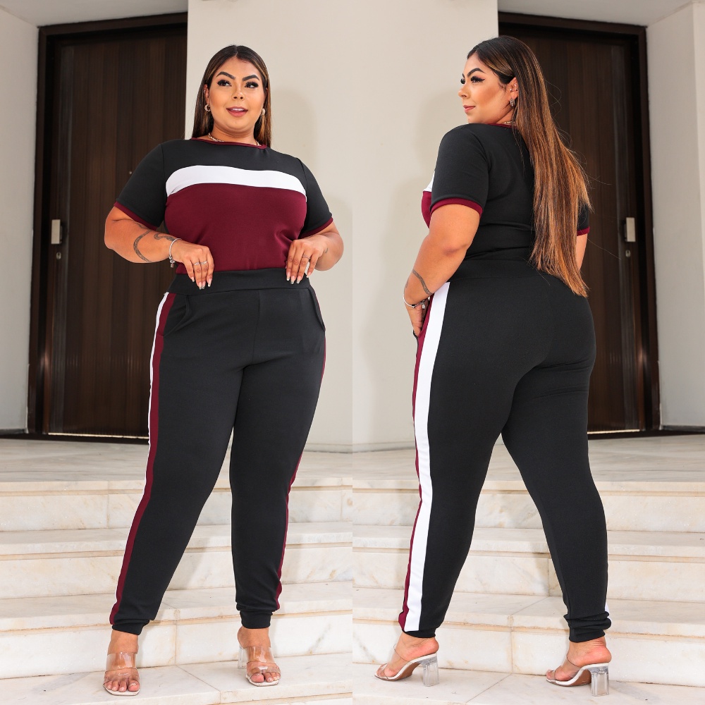 Conjunto Feminino Plus Size Calça Jogger E Blusa Manguinha Conjunto Frio Moleton Crepe Coleção Inverno