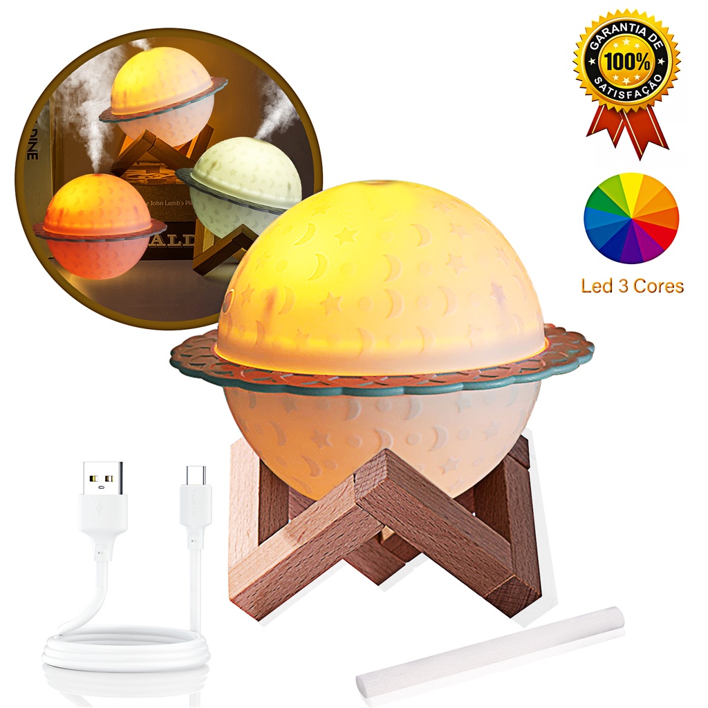 Umidificador De Ar E Aromatizador Purificador Difusor Climatizador Luminária Lua Saturno Planeta 3D Casa