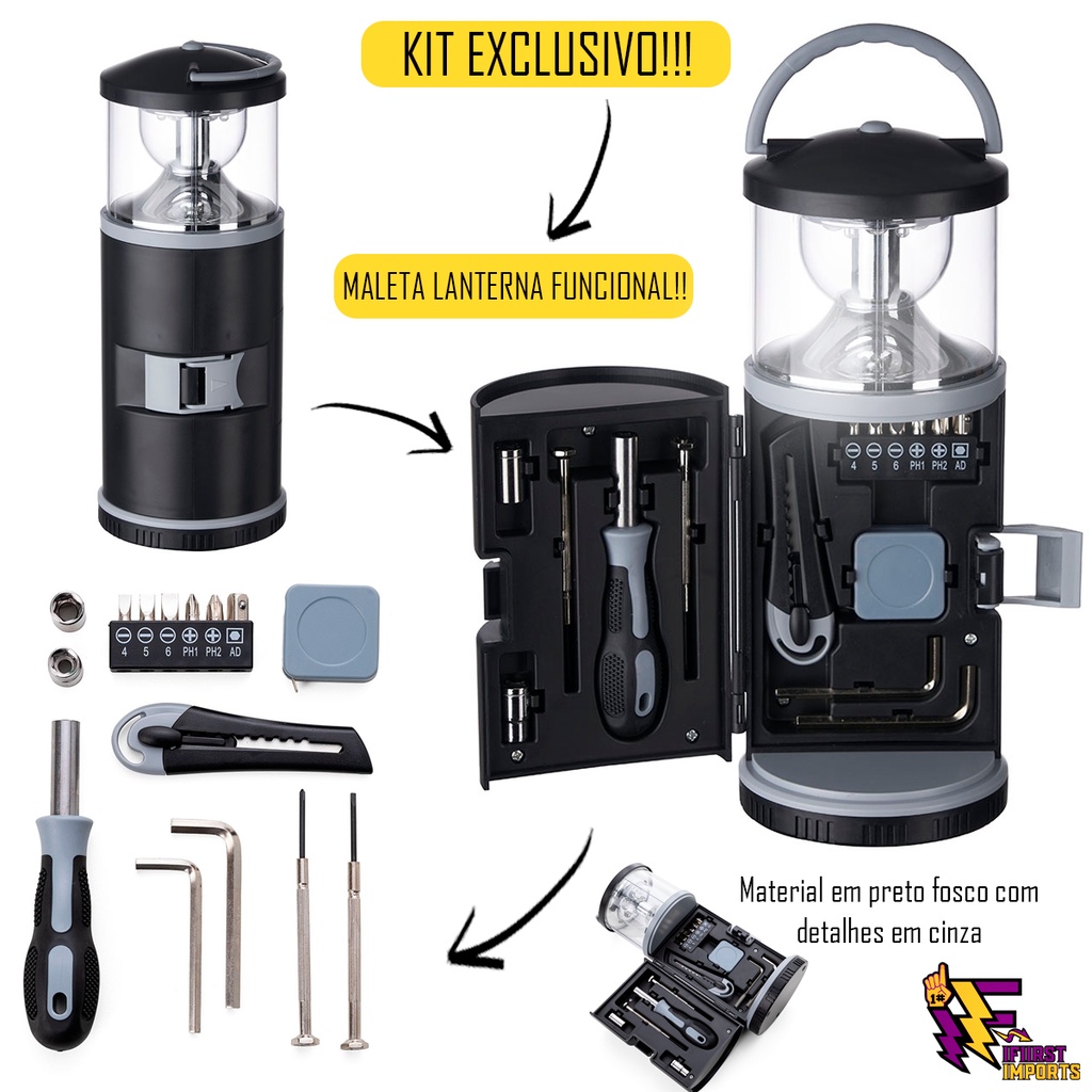 Kit Ferramentas com Lanterna 15 Peças Premium Exclusivo Peças Para Manutenção Com chave philips, chave fenda , chaves hexagonais soquetes de chave , trena , estilete , extensor para soquete de chave
