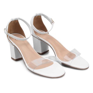 Sandália Feminina De Salto Feminino Médio Grosso Bloco Vinil Transparente Moda Casual Secretária Social