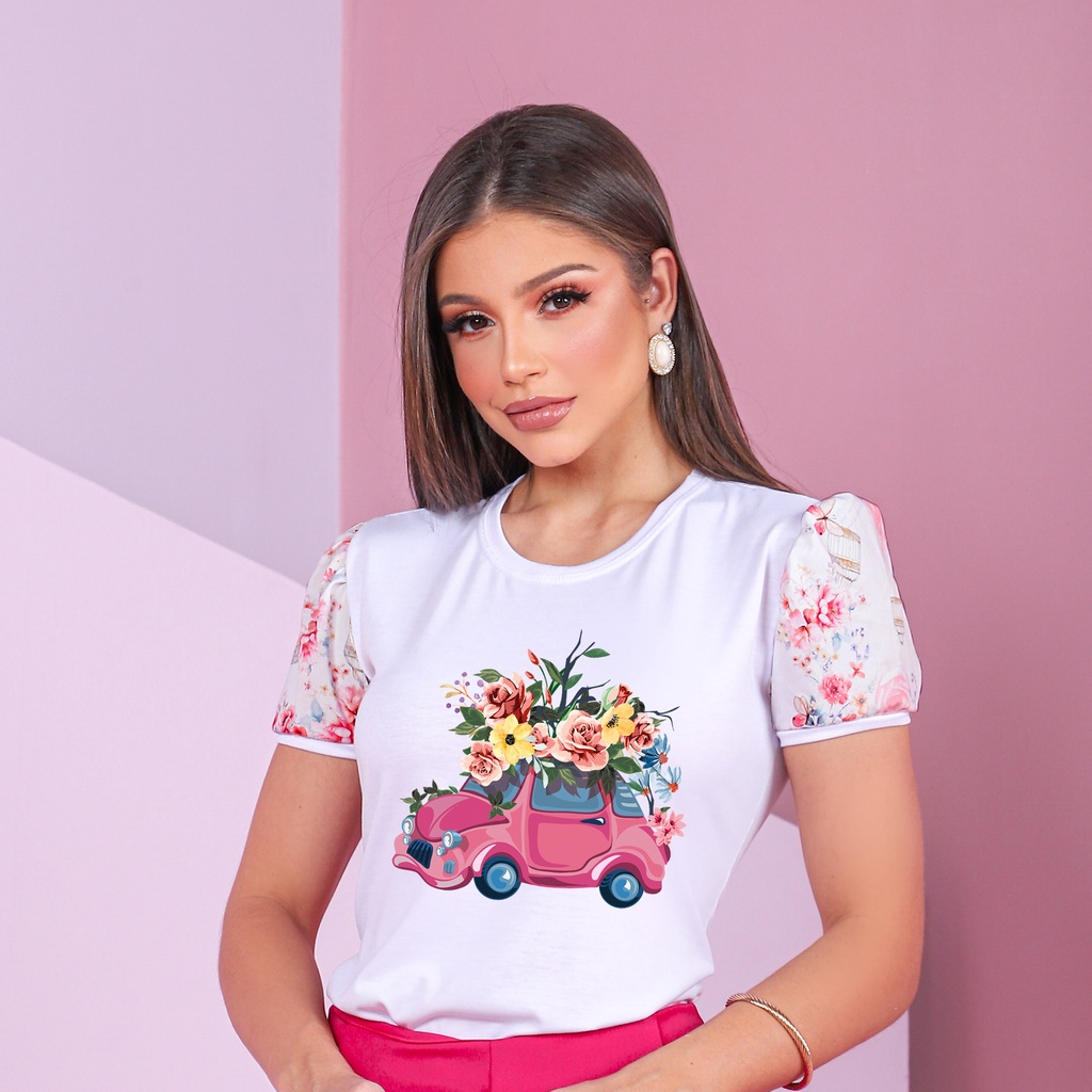 Blusa T-shirt de Luxo - Carrinho com flores