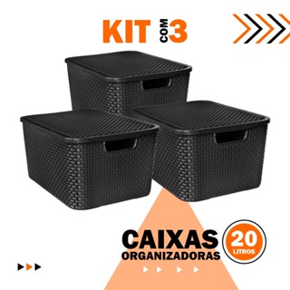 Kit 3 Caixas Organizadoras Cesto Rattan 20 Litros Com Tampa  Preta Armários e Brinquedos