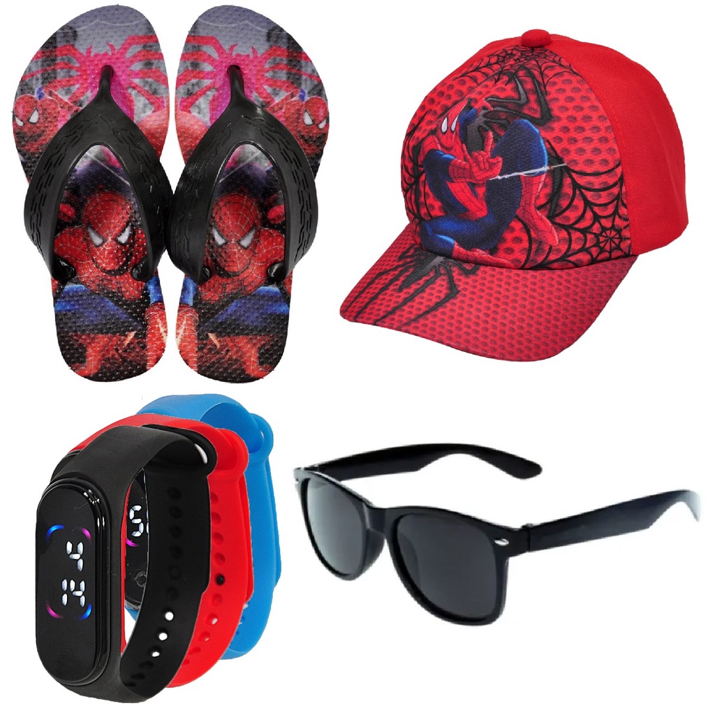 Kit Personagem Infantil Masculino Meninos Com Chinelo Óculos Relógio Boné Novo