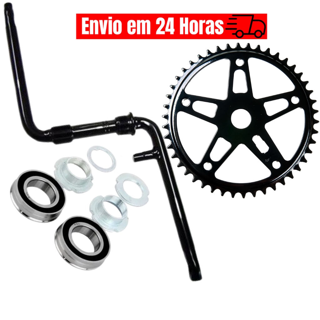 Kit Pé de Vela Monobloco Preto + Coroa 46 Dentes + Movimento Central 45mm Rolamento NECO