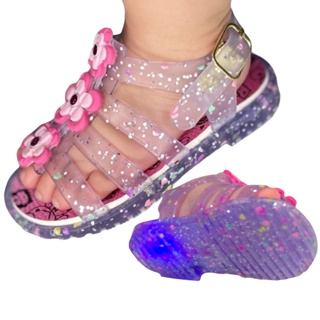 Papete menina 3 flores sandália infantil cristal com led verão 2026 juju shoes em Oferta na Shopee