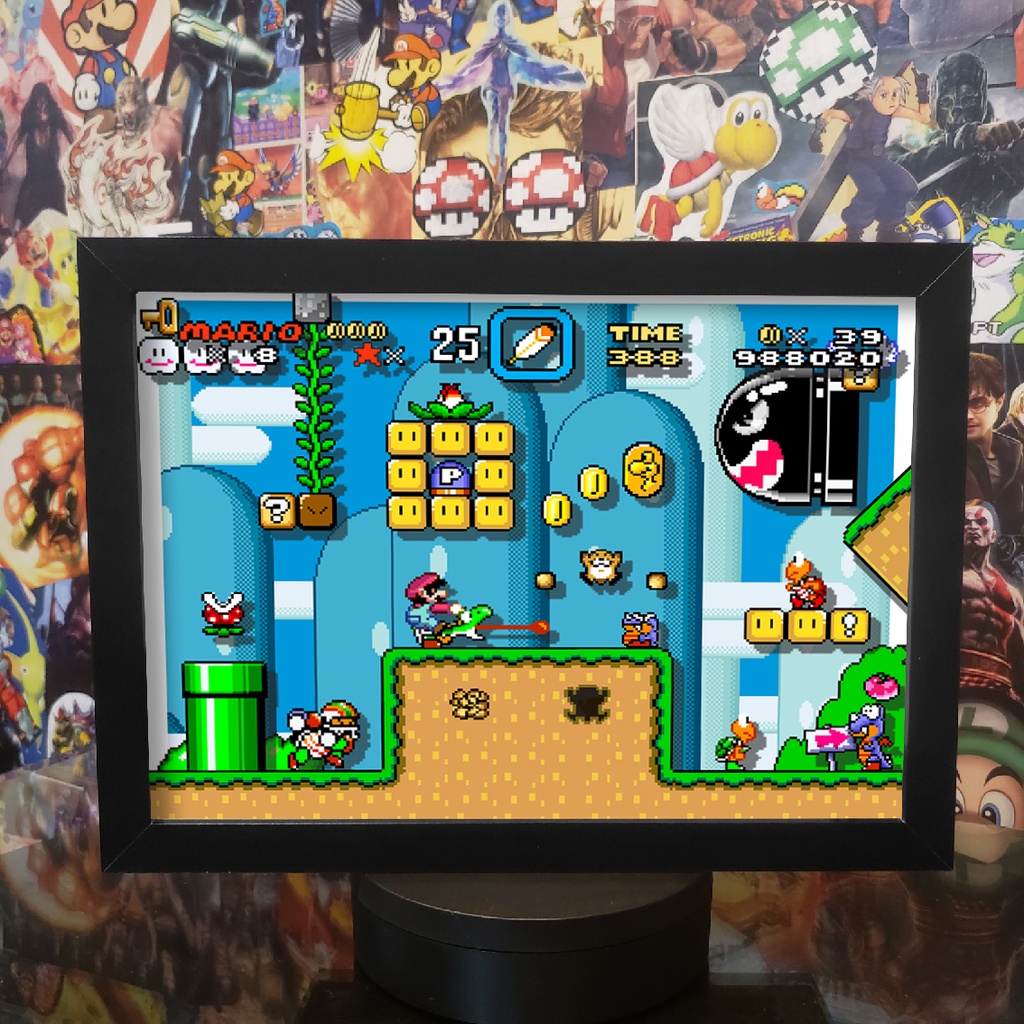 Quadro Efeito De Sombra Super Mario World, moldura com vidro, vários cenários! em Oferta na Shopee