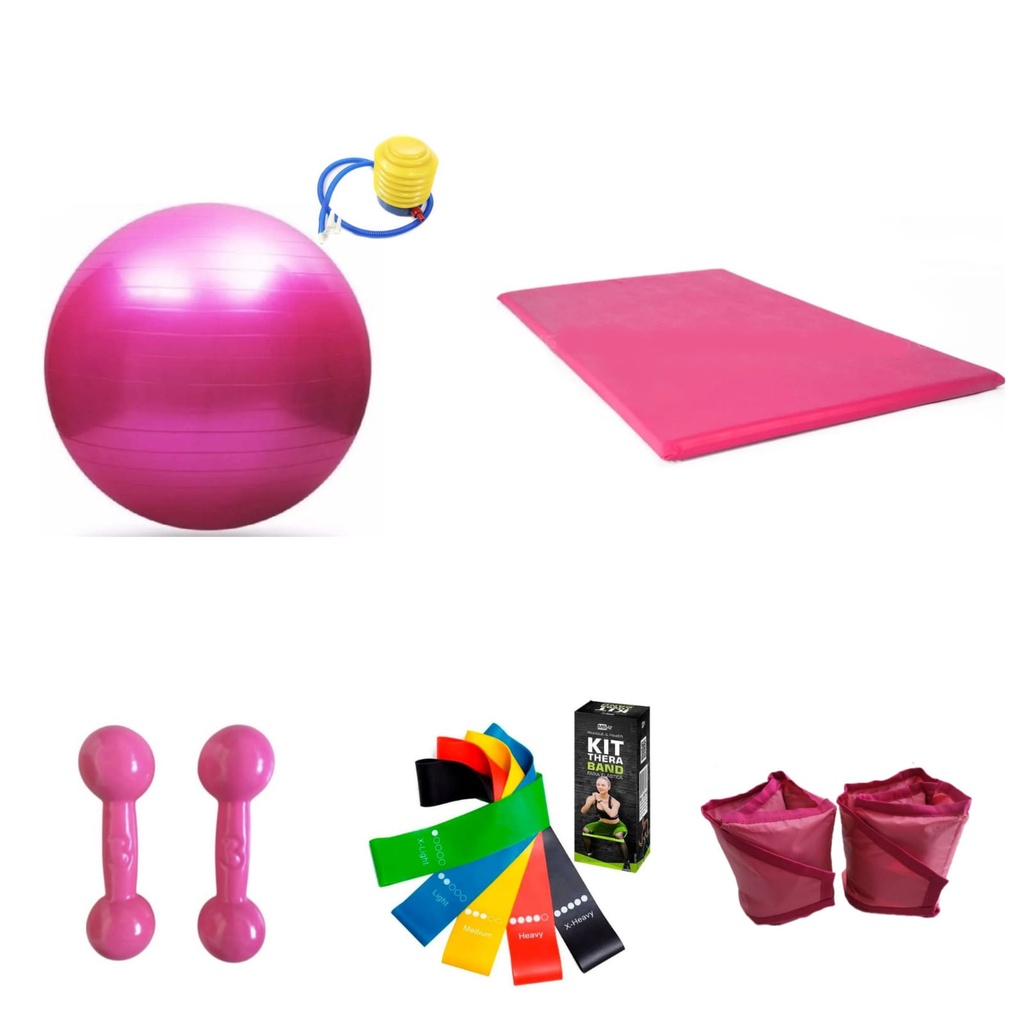 Imagem Kit Completo Pares de Halter e Tornozeleira 3 kg cada + Bola de Pilates 55 cm + Kit Theraband + Colchonete
