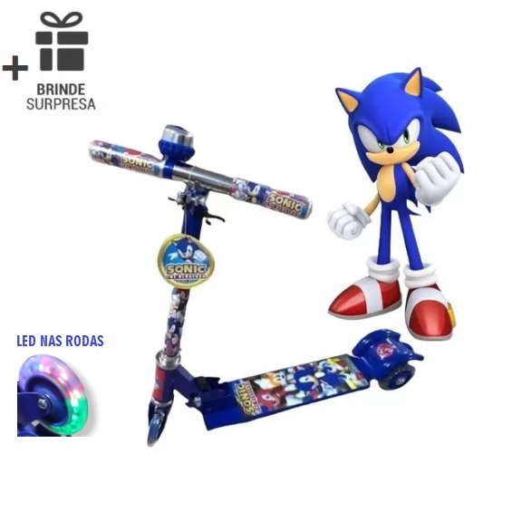 Patinete Infantil 3D Menino Sonic Azul De Ferro Metal Dobrável Led Nas 3 Rodas Buzina Freio